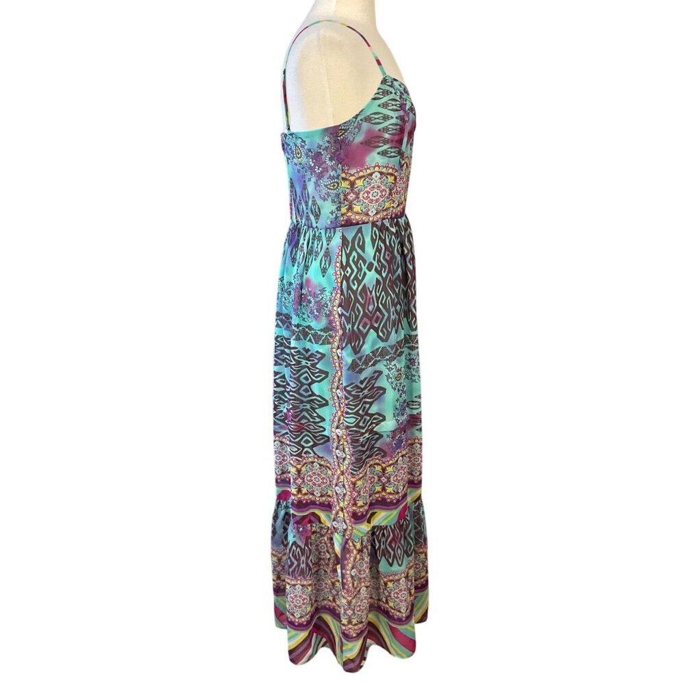 Betsey Johnson VTG Y2K Boho Multicolor Strappy Maxi Slip Dress Ruffle Hem 10 - Picture 4 of 8
